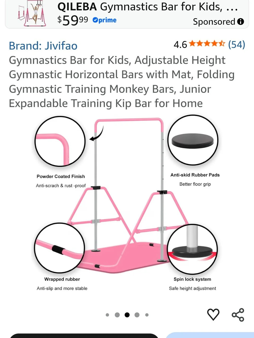 Kids Gymnastics Bar with Pink Mat - Adjustable Junior Training Set